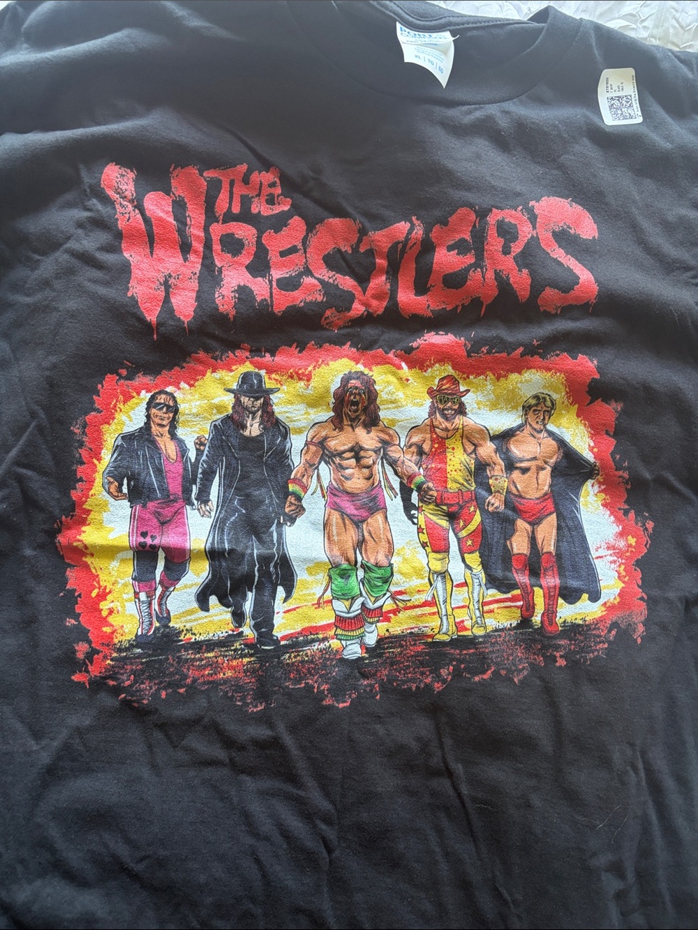 Port and Company Black Tee with Red and Yellow Wrestlers Graphic